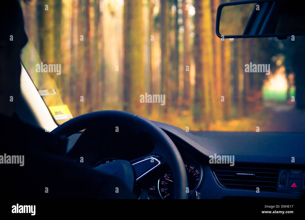 Vista dall'interno di una vettura in movimento road Foto Stock