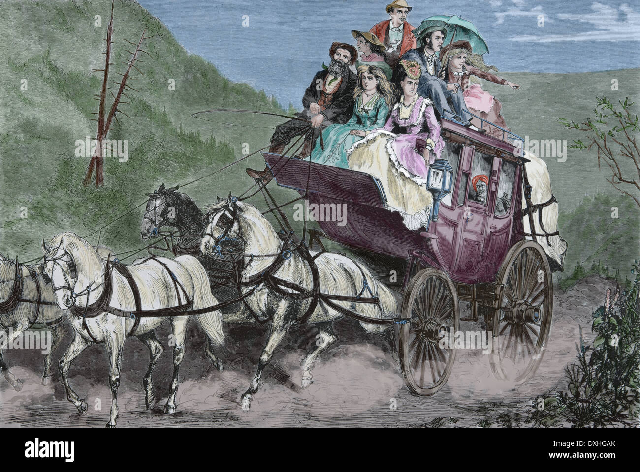 Il viaggio. Stagecoach. Incisione. Colorazione successiva. Xix secolo Foto Stock