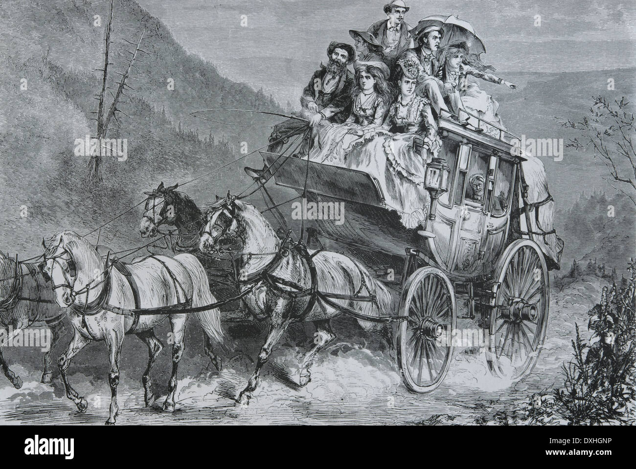 In Inghilterra. Il viaggio. Stagecoach. Incisione. Xix secolo Foto Stock