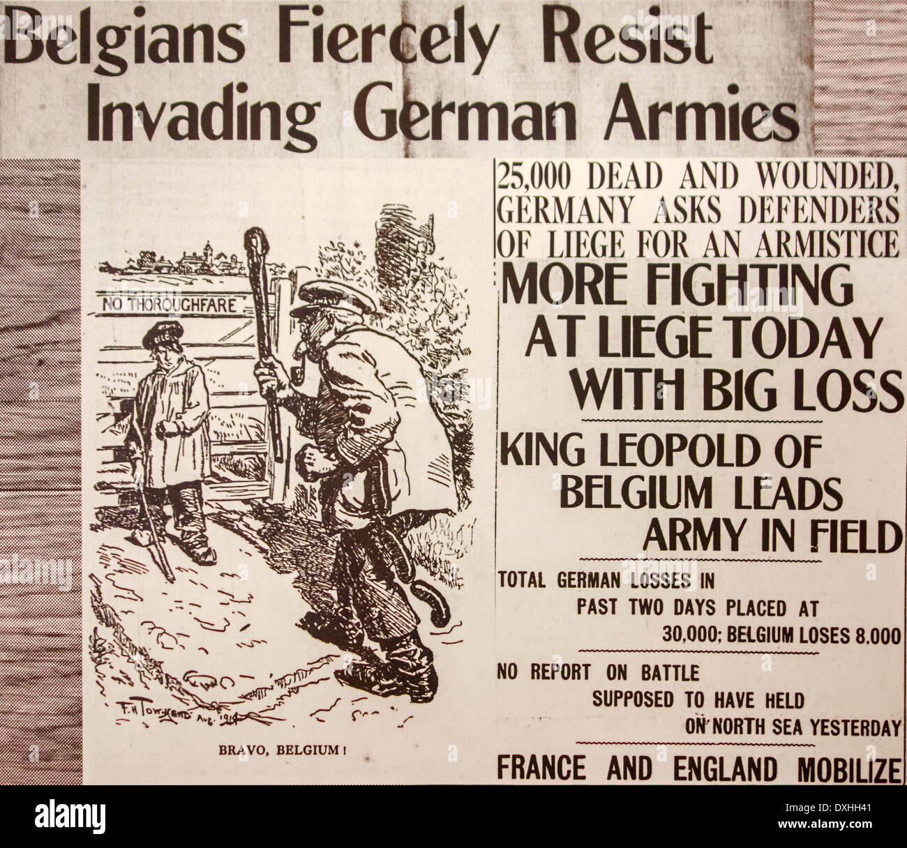 British WW1 articolo di giornale con il cartoon in inglese la carta per le notizie circa la prima guerra mondiale una parte anteriore in Belgio Foto Stock