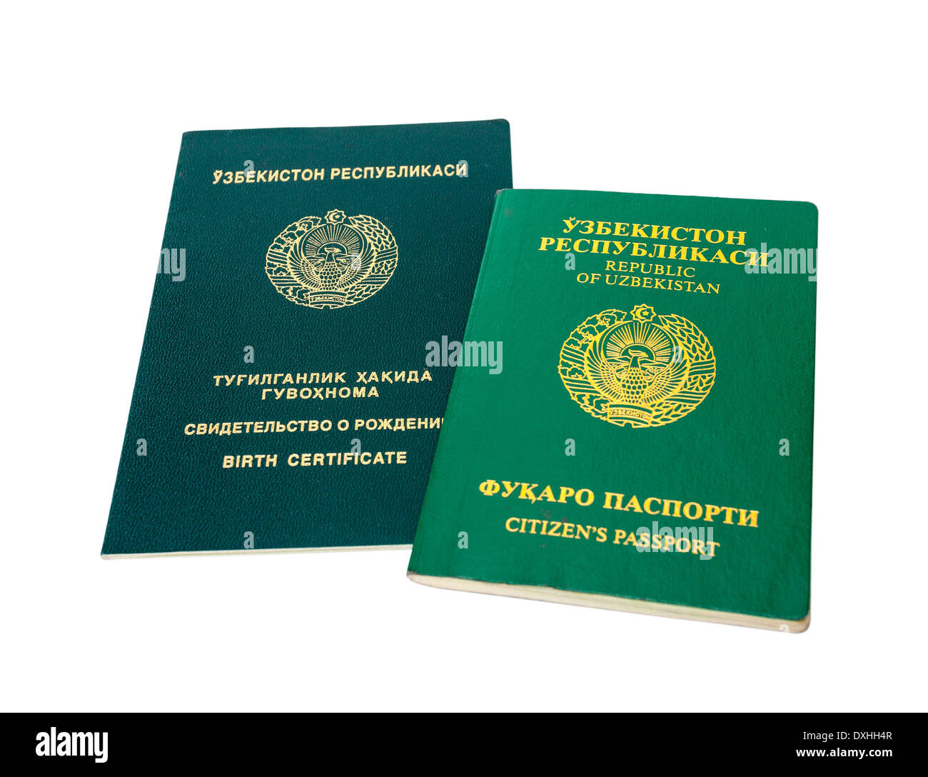 Uzbekistan passaporto e certificato di nascita isolati su sfondo bianco Foto Stock