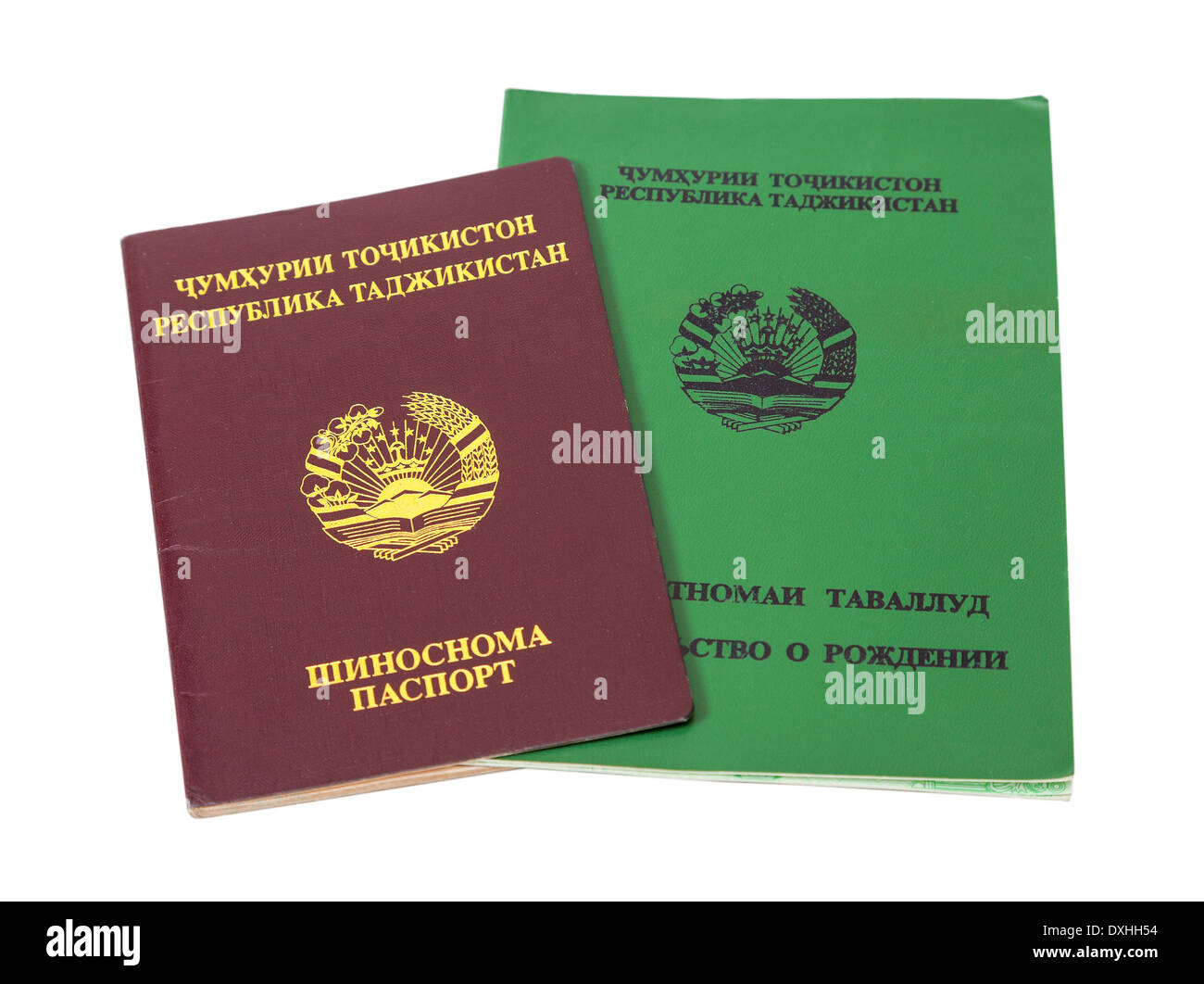Tagikistan passaporto e certificato di nascita isolati su sfondo bianco Foto Stock