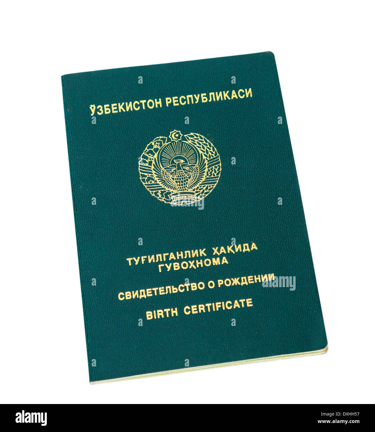Uzbekistan certificato di nascita isolati su sfondo bianco Foto Stock