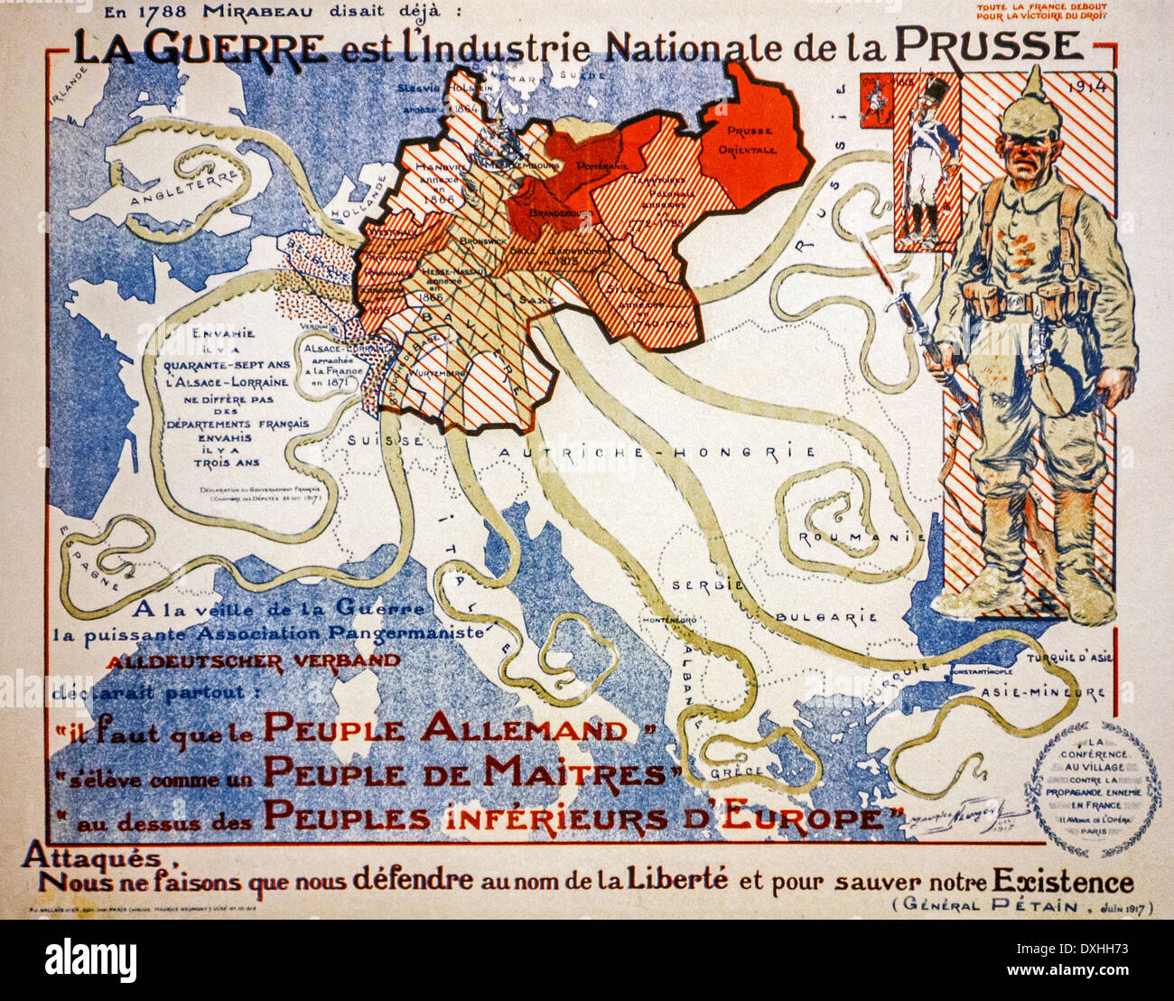 Vintage francese WW1 mappa di propaganda da 1917 mostra invasione tedesca come piovra gigante durante la Prima Guerra Mondiale uno Foto Stock