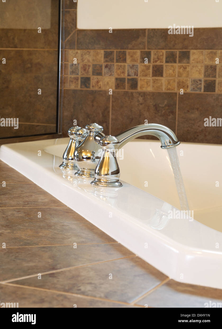 Foto verticale di chrome rubinetto acqua corrente in vasca nella stanza da bagno principale con doccia parziale di vetro in background Foto Stock