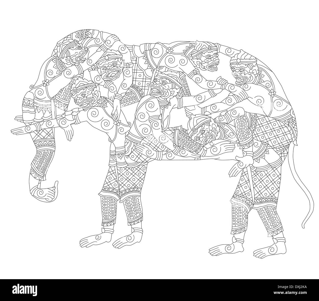 Illustrazione di scimmia Hanuman trasformato se stesso al disegno di elefante Foto Stock