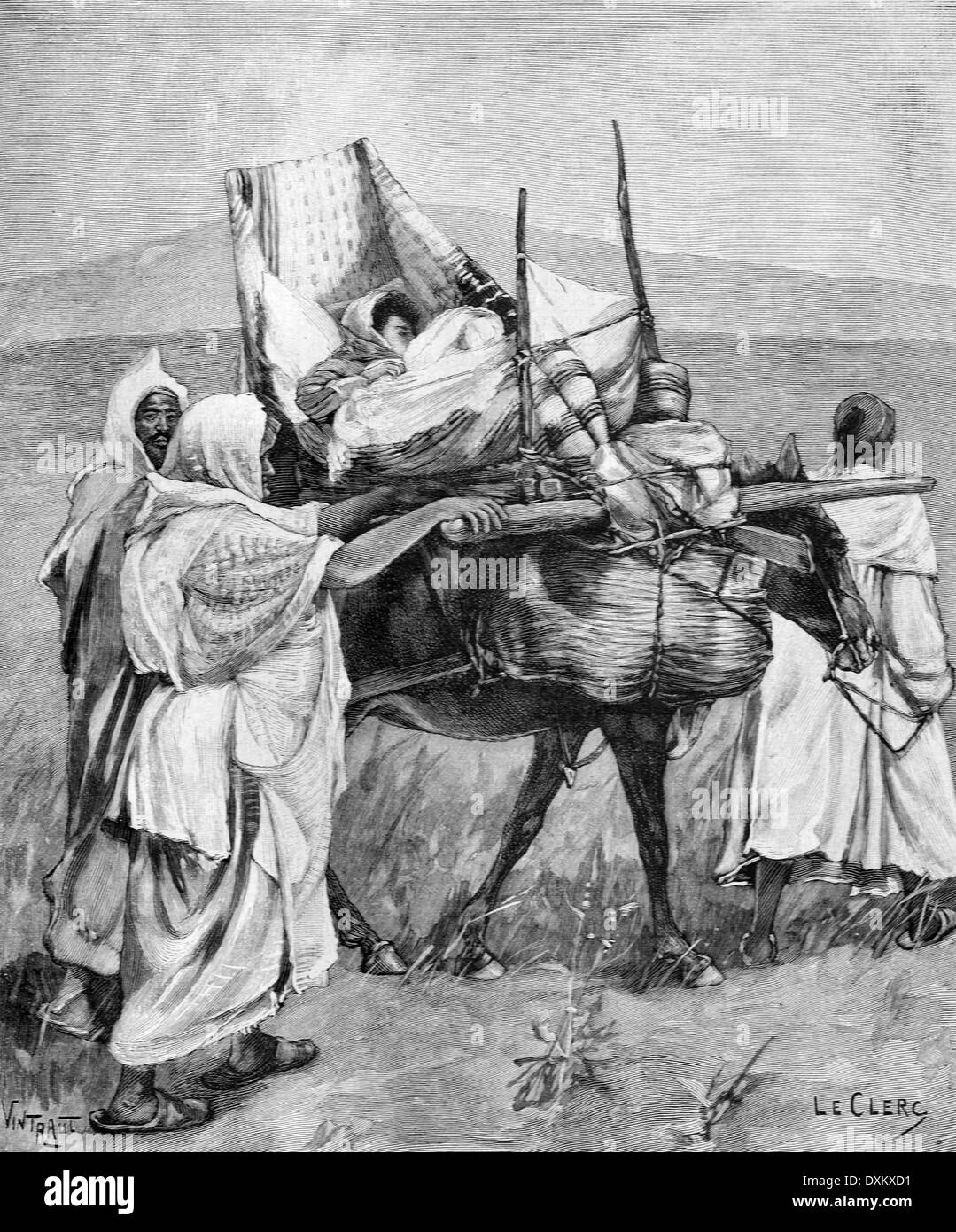 Un viaggiatore francese o viaggiatore che viaggiano da un cavallo o un asino in Marocco 1897 Foto Stock