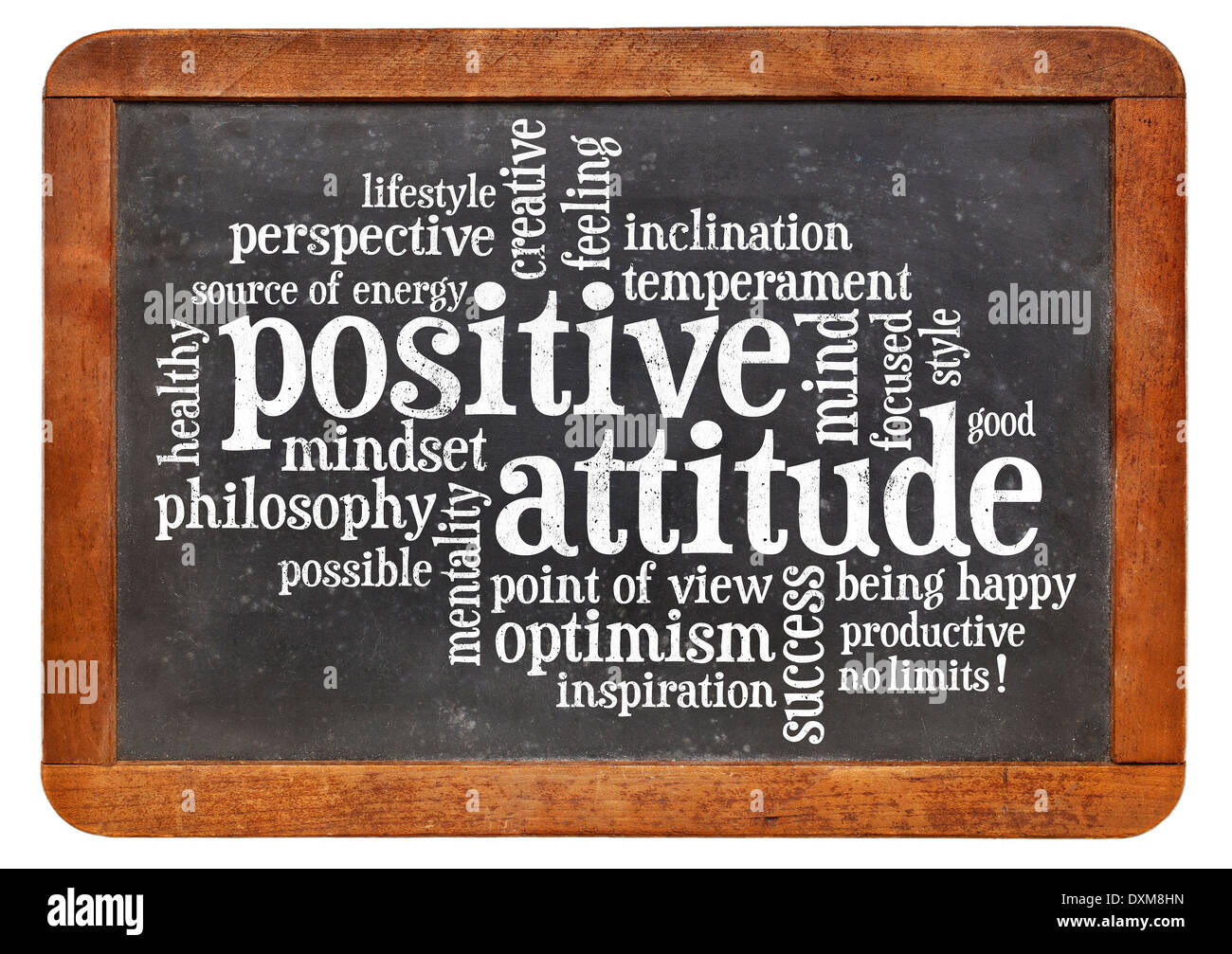 Atteggiamento positivo concetto - una parola cloud su una lavagna vintage isolato su bianco Foto Stock