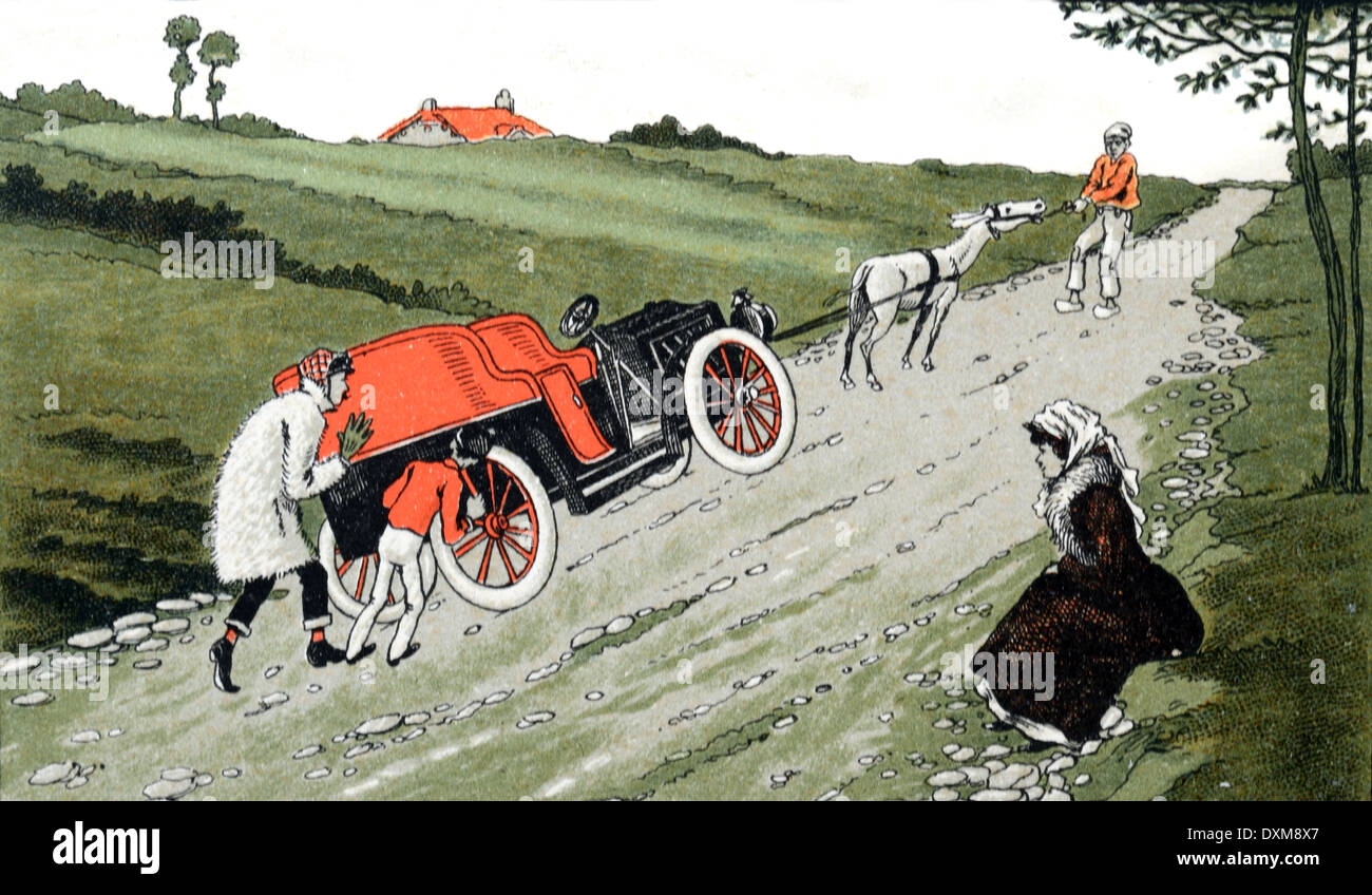 Spingere Vintage o Veterano della vettura in salita dopo guasto durante i primi anni dell'Automobilismo c1910 Foto Stock