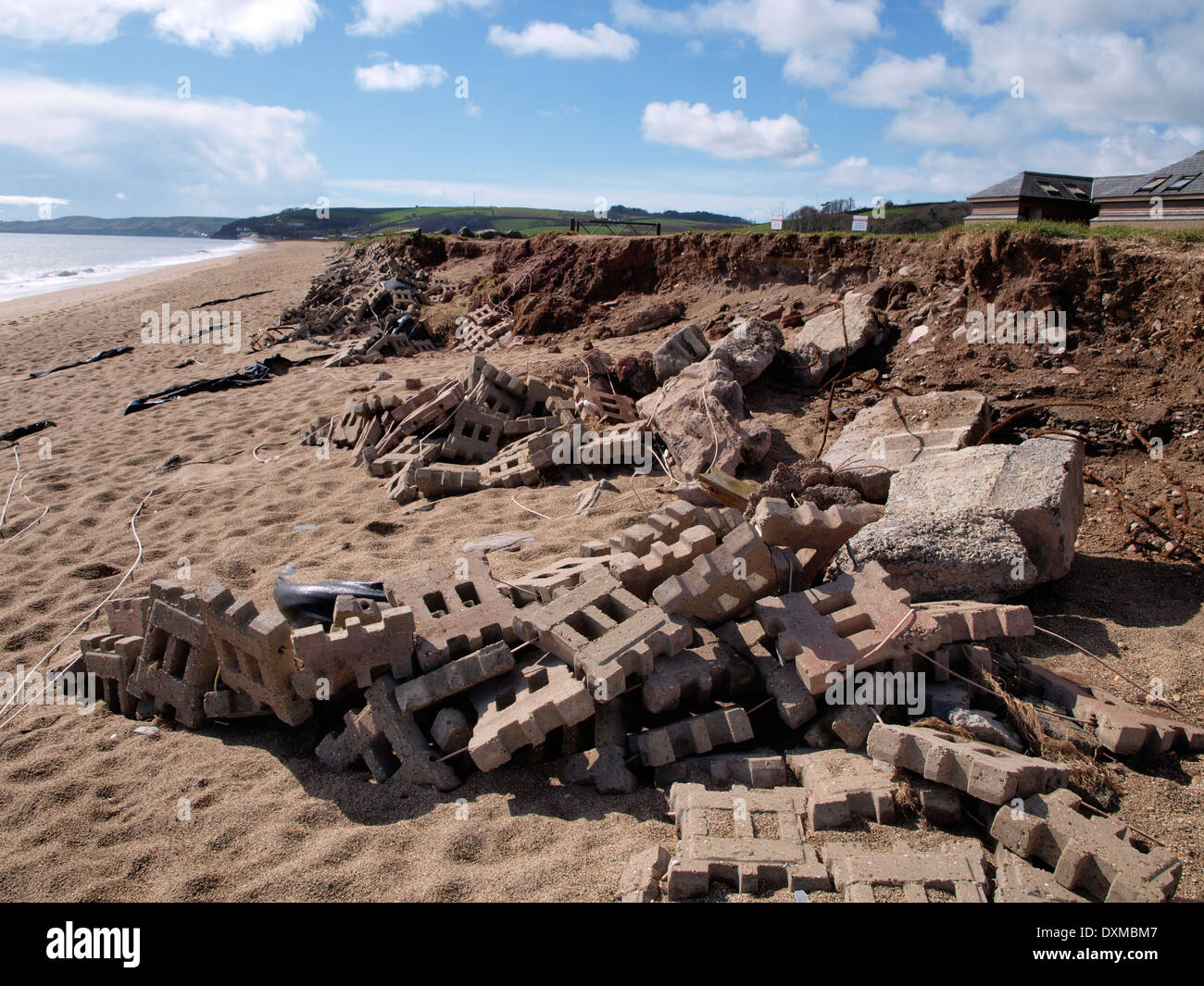 I danni causati dalle tempeste, Slapton Sands, Devon, Regno Unito 2014 Foto Stock