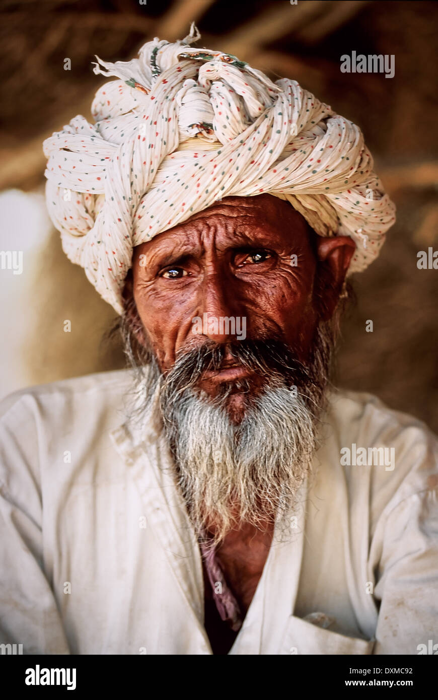 Anziani uomo indiano con sale e pepe in barba un villaggio nei pressi di Jodhpur, India. Manipolati digitalmente immagine. Foto Stock