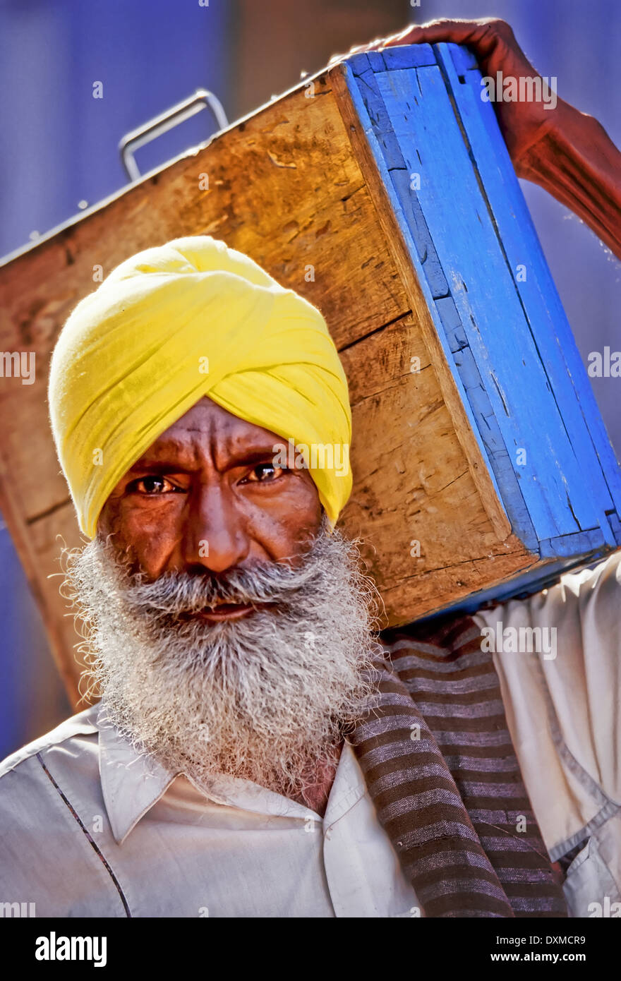 Anziani uomo indiano con una barba grigia che indossa un turbante giallo e portante una casella sulla sua spalla in Jodhpur, India Foto Stock