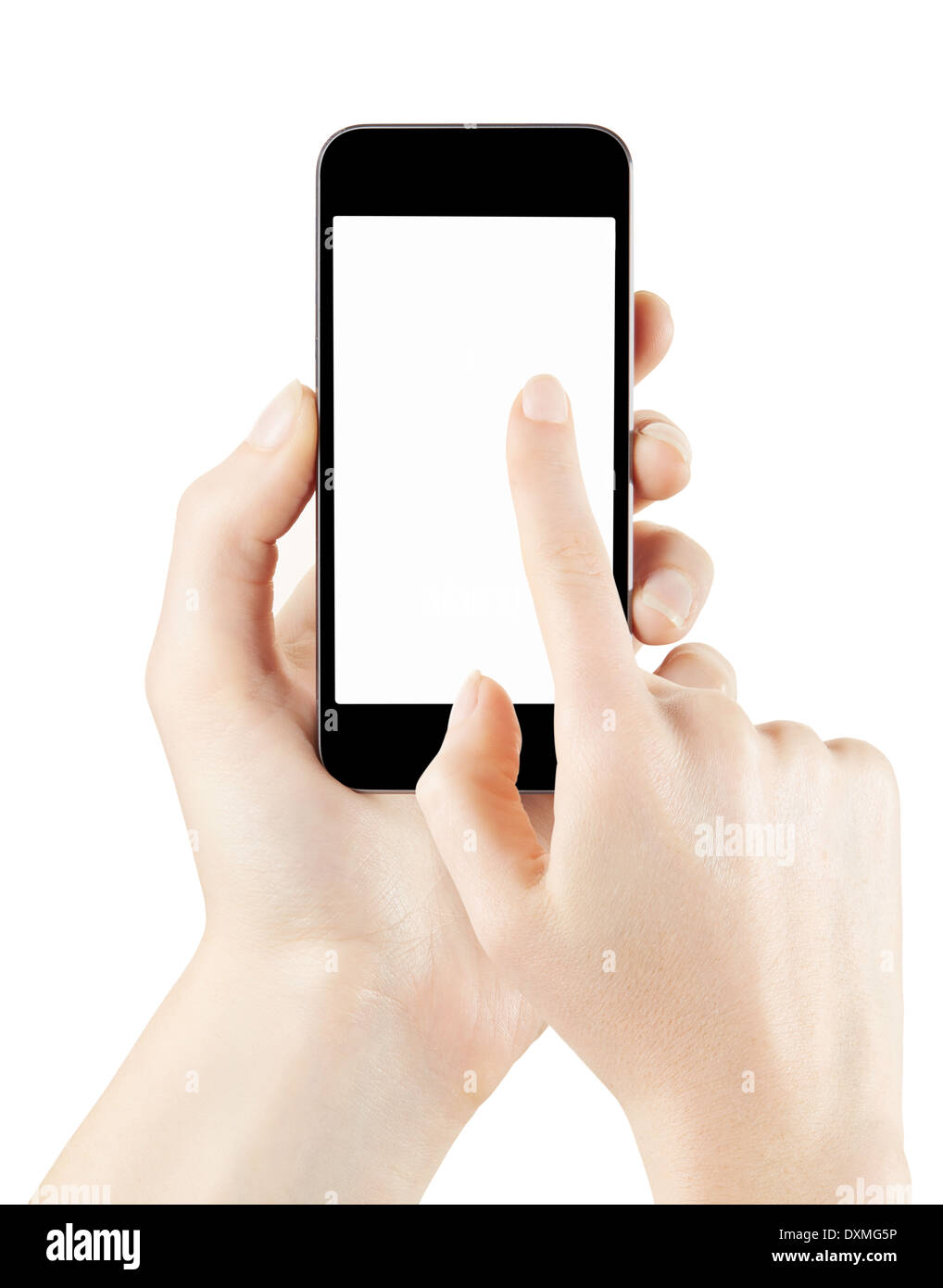 Donna mano azienda e toccando smart schermata telefono Foto Stock
