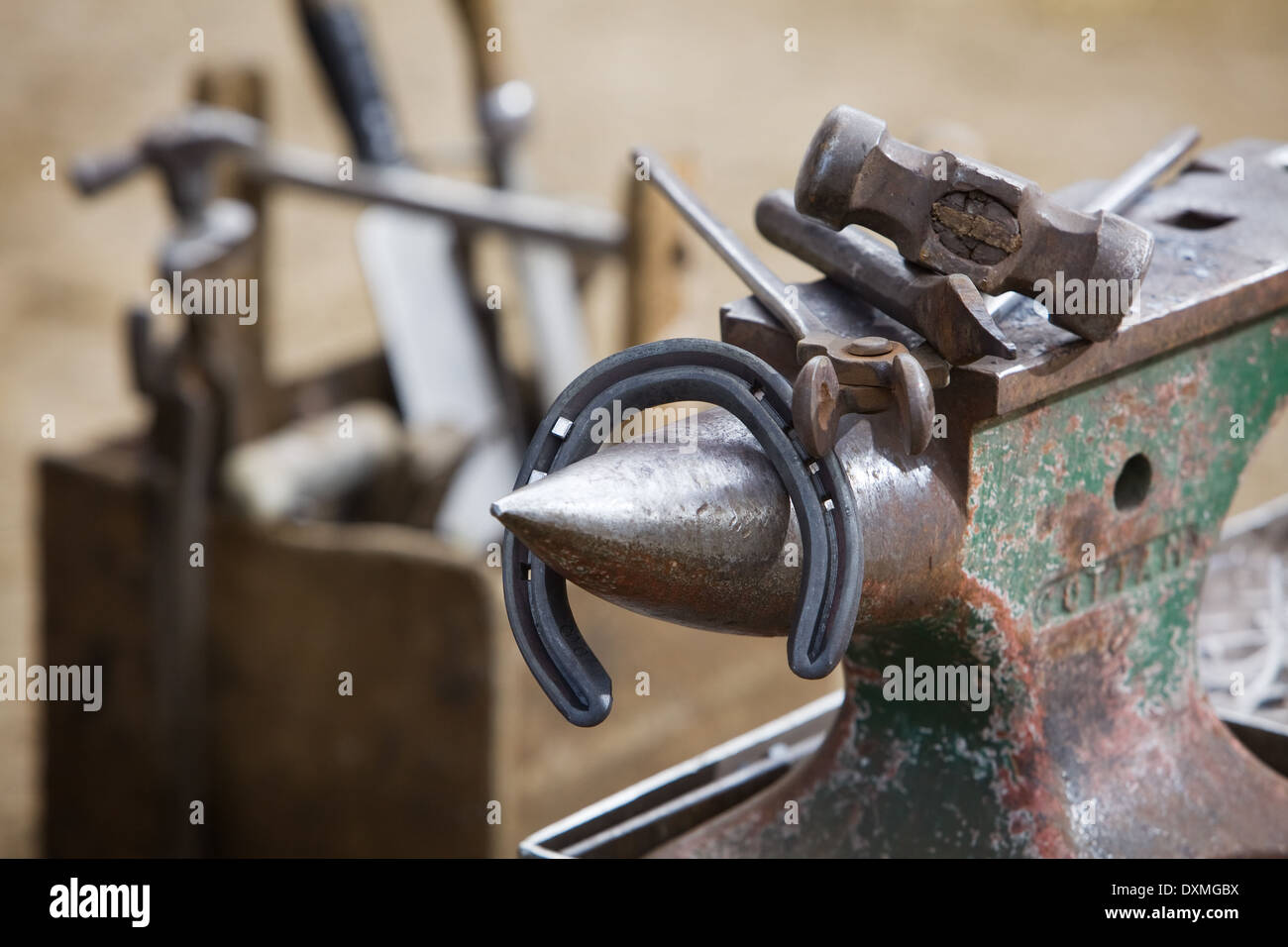 Un professionista del maniscalco strumenti a una stabile in North Lincolnshire, Inghilterra. Foto Stock