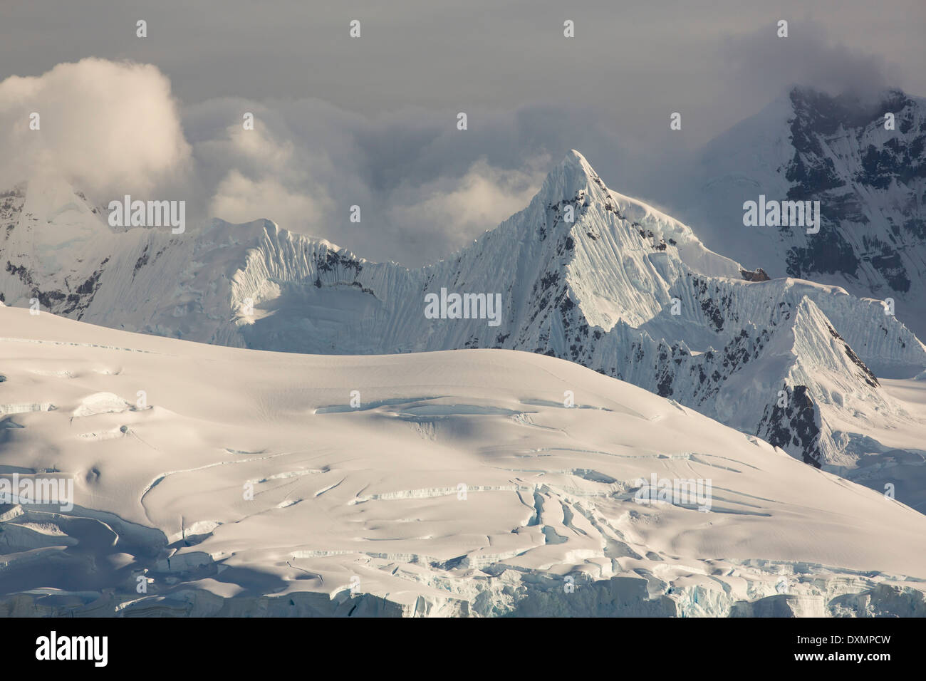 Le montagne sull'Antartico peninsulare dallo stretto di Gerlache che separa l'Arcipelago Palmer Foto Stock