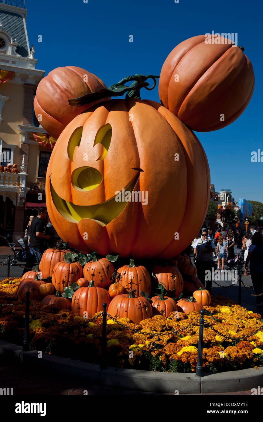 Mickey Mouse a forma di display di zucca durante il periodo di Halloween, Disneyland, Anaheim, California, Stati Uniti d'America Foto Stock