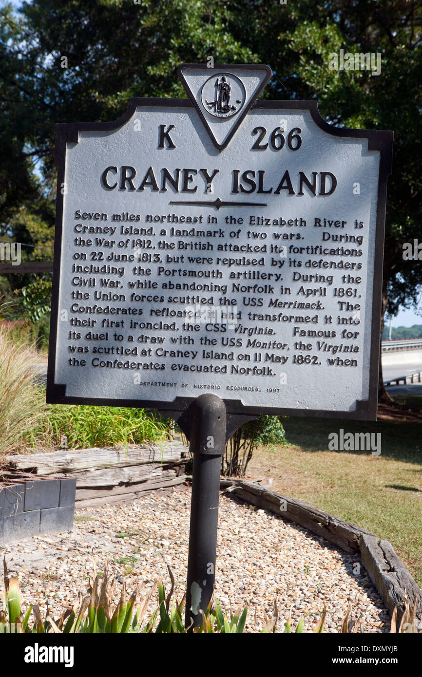 CRANEY ISLAND a sette miglia a nord-est nel fiume del Elizabeth è Craney Island, un punto di riferimento delle due guerre. Durante la guerra di 1812, th Foto Stock