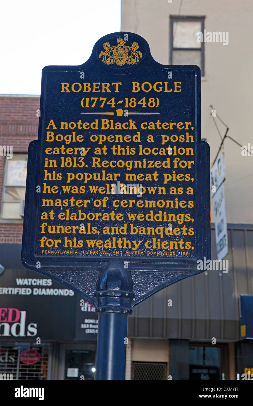 ROBERT BOGLE (1774-1848) a notare il nero catering, Bogle aperto un posh eatery in questa posizione nel 1813. Riconosciuto per il suo popolare pasticci di carne, egli era ben noto come un maestro di cerimonie di elaborare matrimoni, funerali e banchetti per i suoi clienti facoltosi. In Pennsylvania Historical and Museum Commission, 1991 Foto Stock