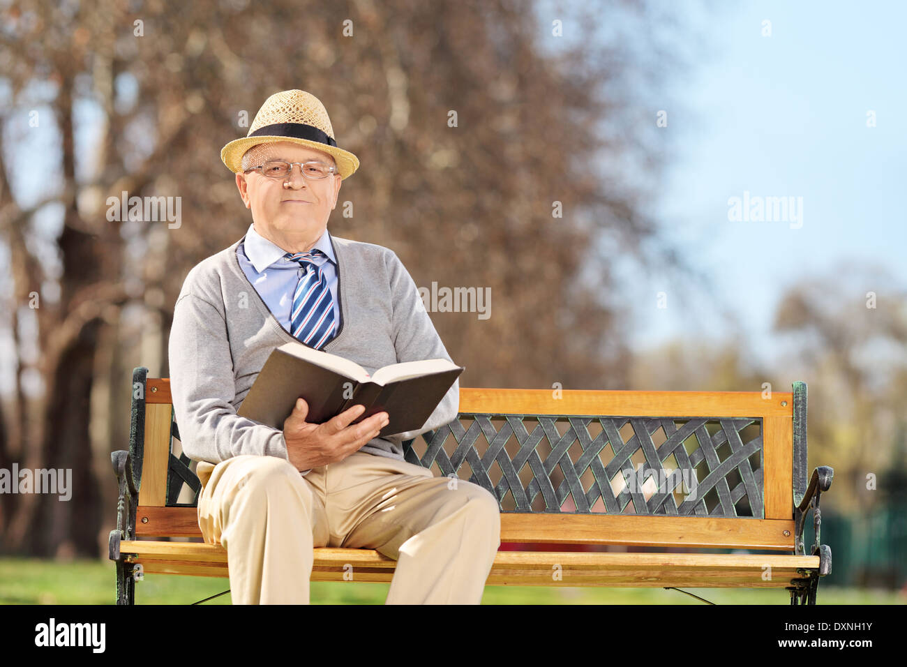 Anziano gentiluomo con libro in posa su una panchina nel parco Foto Stock