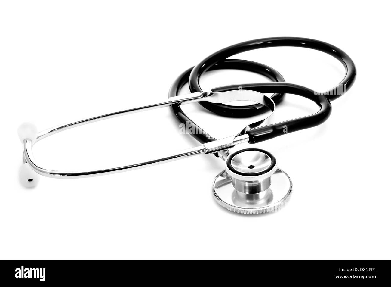 Un stetoscopio medico su sfondo bianco Foto Stock