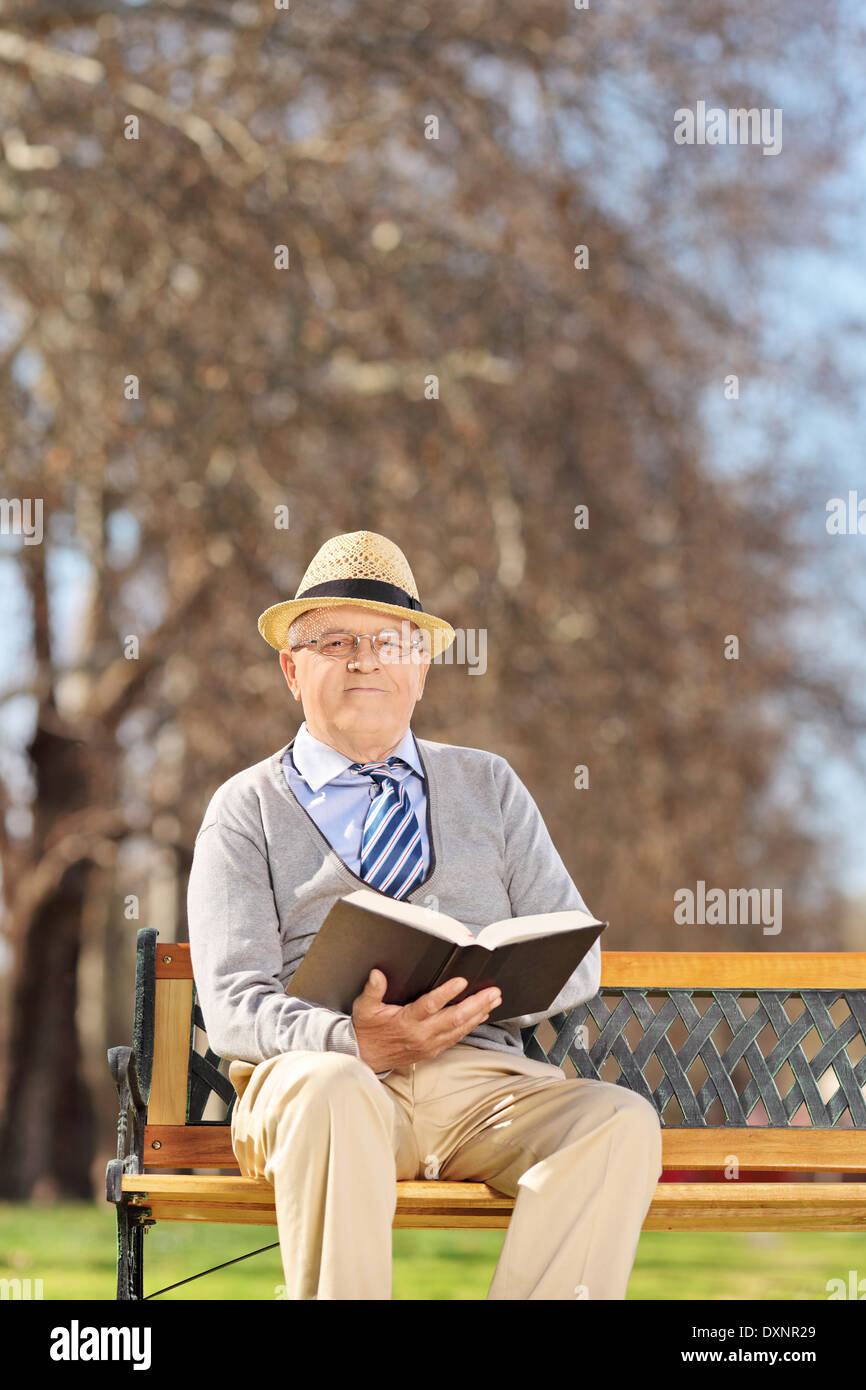 Senior per leggere un libro nel parco in una giornata di sole seduti su un banco di lavoro Foto Stock