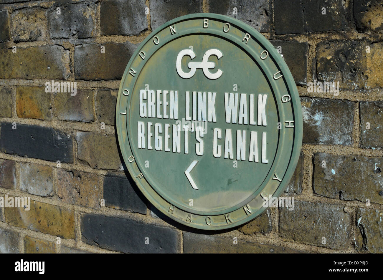 London Borough of Hackney Green Link a piedi Regent's Canal placca, Islington, London, Regno Unito Foto Stock