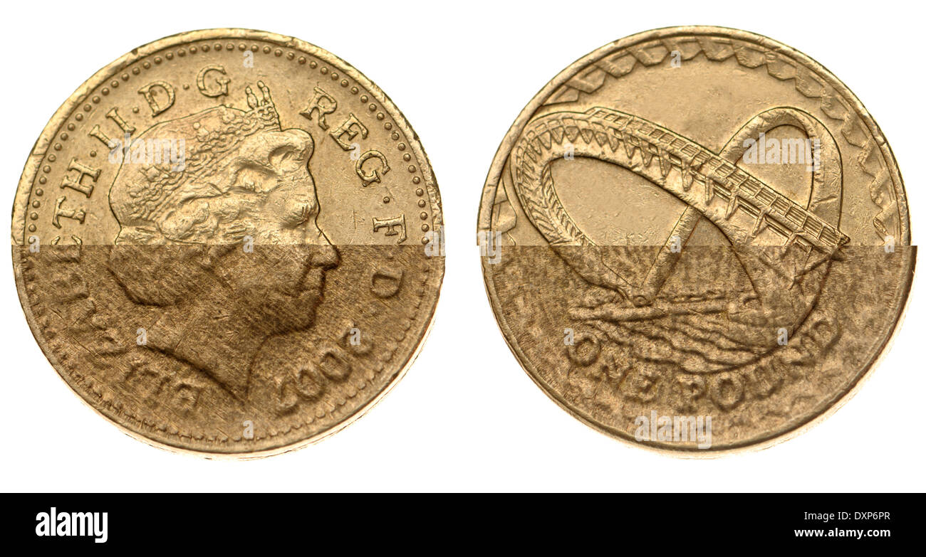 Finti e genuine pound coin, che mostra le differenze di dettaglio, superficie e colore [Genuine - top] Foto Stock