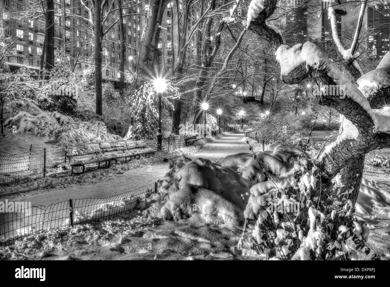 Il Central Park di New York City di notte dopo la tempesta di neve Foto Stock