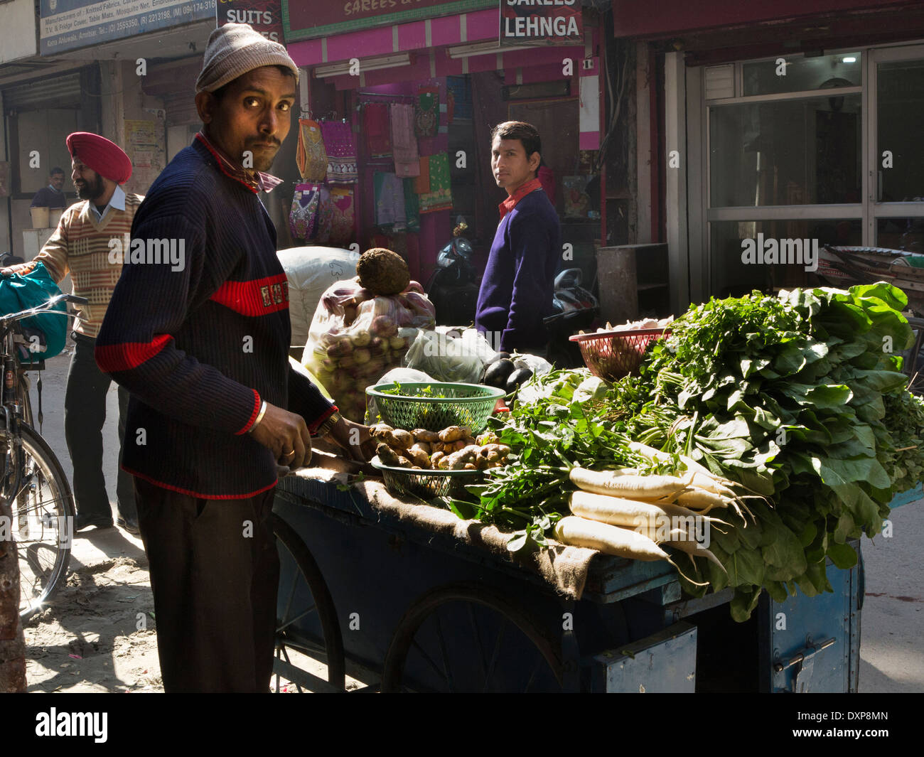 India Punjab, Amritsar e Jalebiwala Chowk, venditore vegetali stallo nella luce del sole Foto Stock