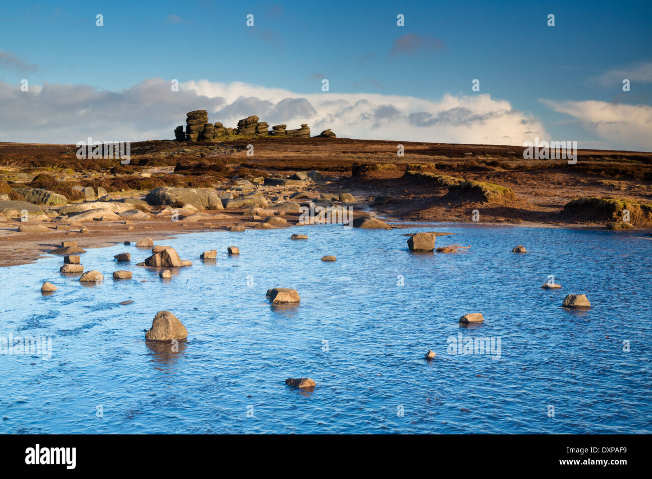 Piscina congelato dalla ruota pietre sul bordo Derwent, Peak District Foto Stock