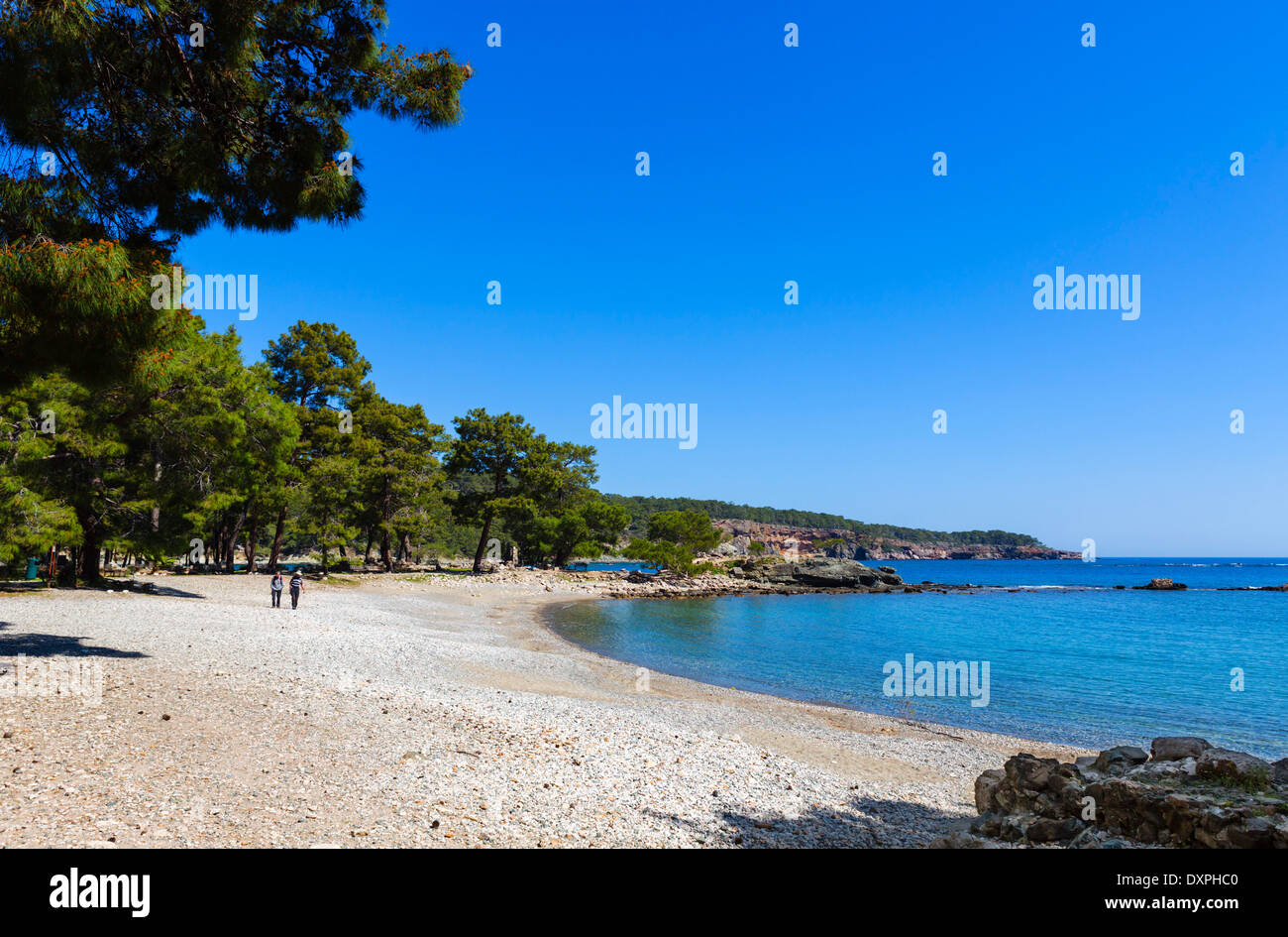 Spiaggia del porto medio delle rovine della storica città Lycian di Phaselis, Provincia di Antalya, Lycia, Turchia Foto Stock