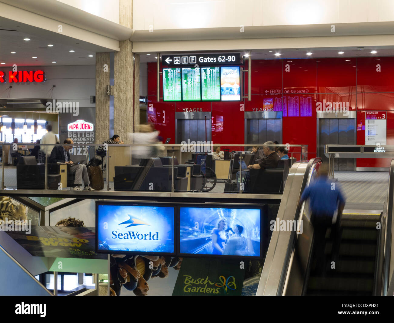 Scale mobili, Galleria, principale terminal Concourse, Aeroporto Internazionale di Tampa, Tampa, FL Foto Stock