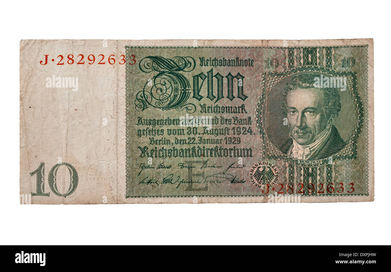 10 Reichsmark banconota 1929 sul lato anteriore con il ritratto di Albrecht Daniel Thaer macro isolato su bianco Foto Stock