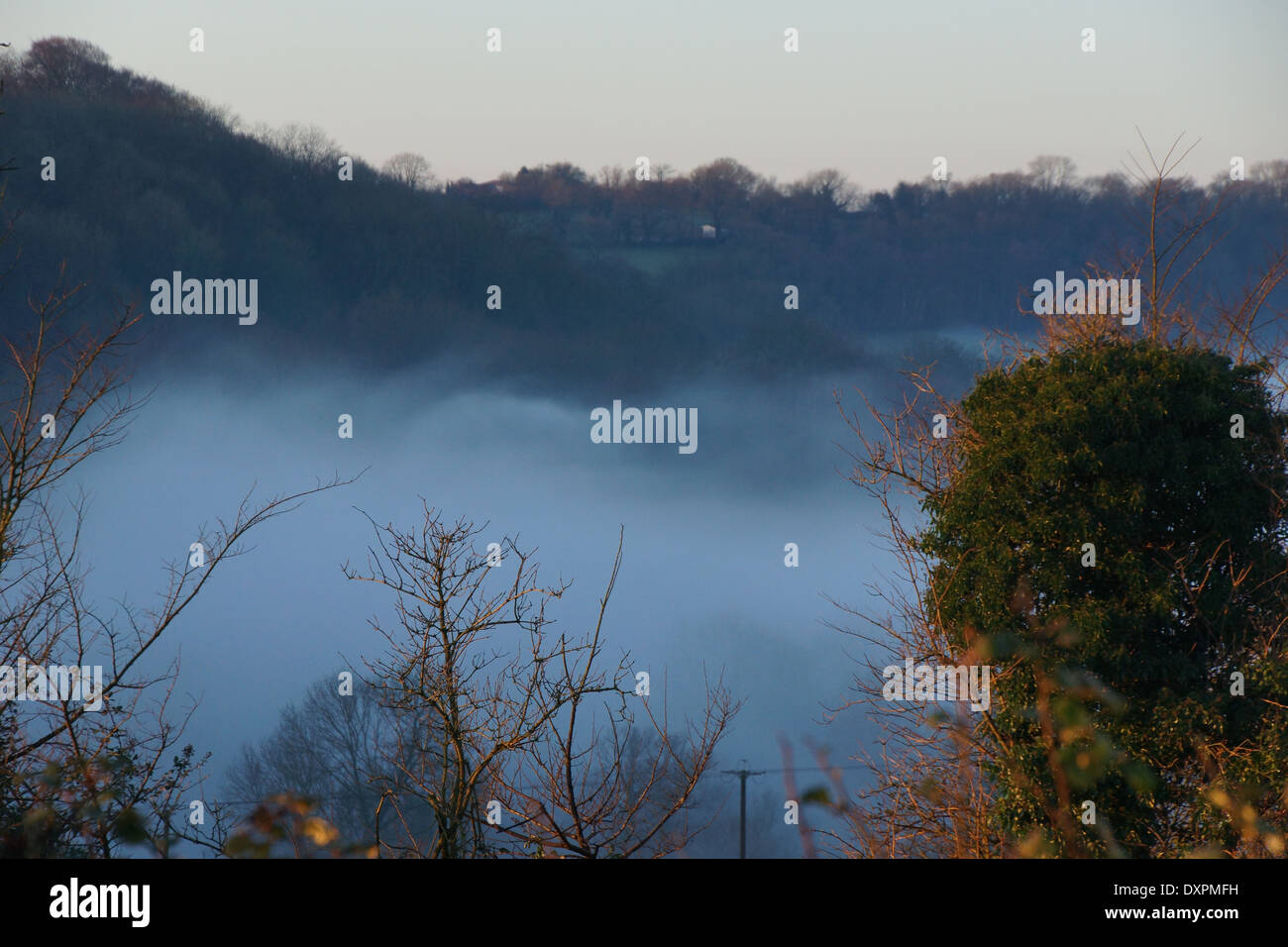 Una suggestiva fotografia di nebbia nella valle Foto Stock