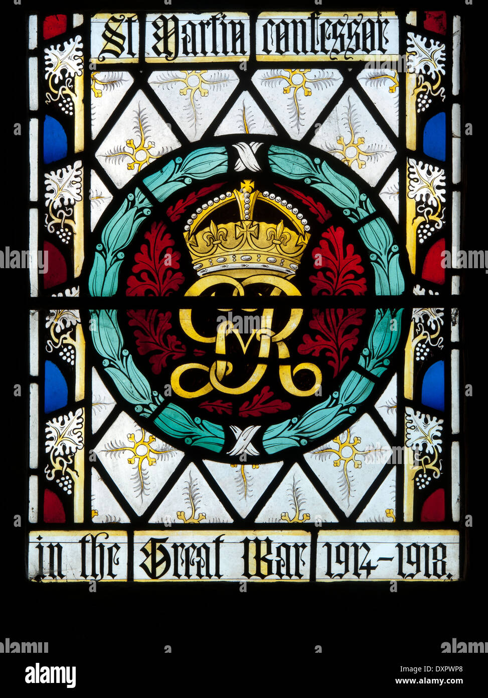Re Giorgio V emblema della nave in vetro colorato, Chiesa di Tutti i Santi, Earls Barton, Northamptonshire, England, Regno Unito Foto Stock