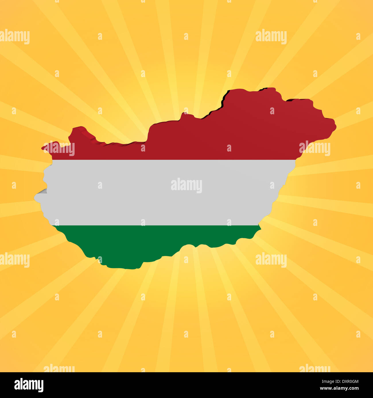 Mappa di Ungheria bandiera sul sunburst illustrazione Foto Stock