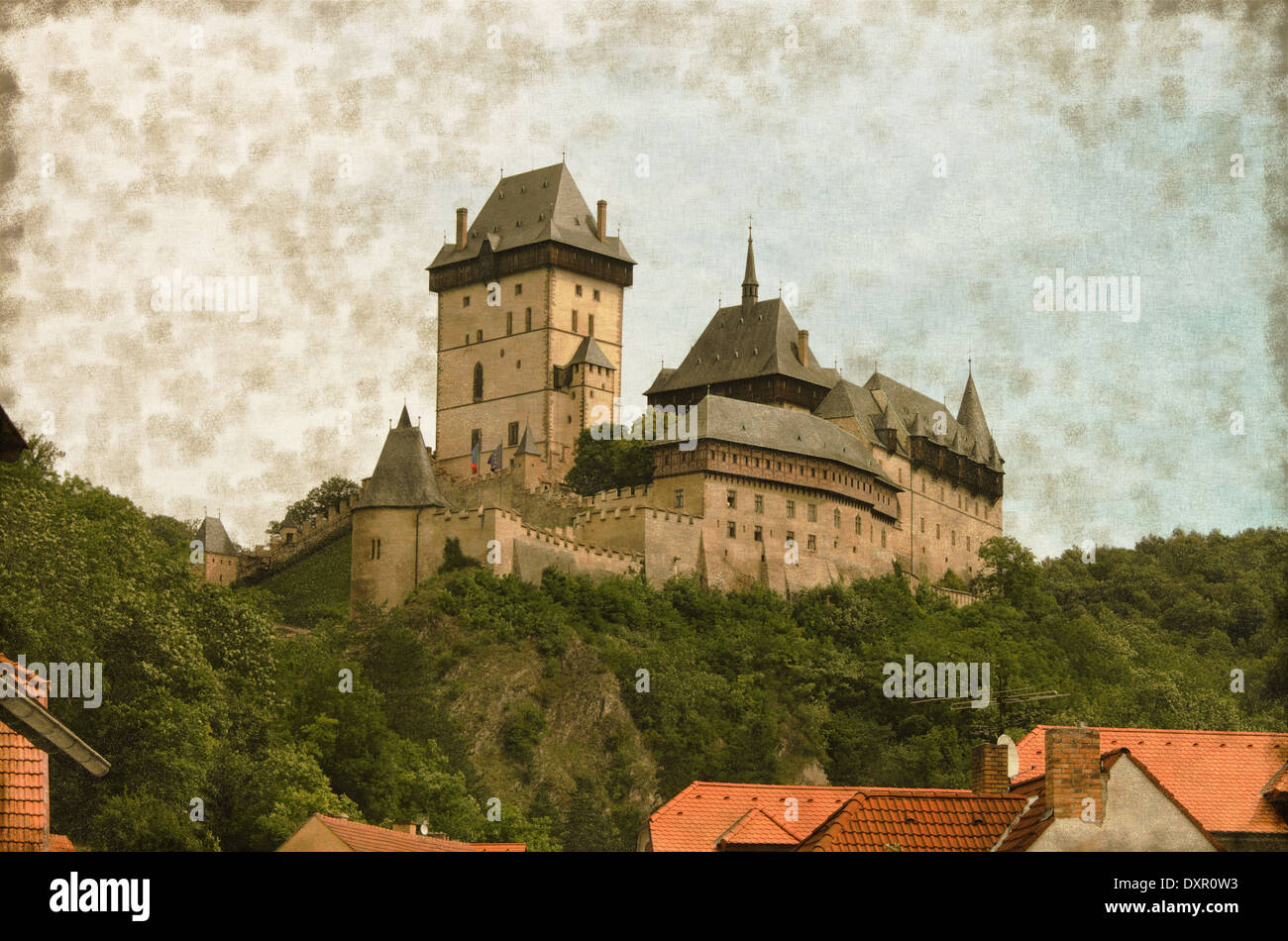 Immagine vintage del castello di Karlstein, Repubblica Ceca Foto Stock