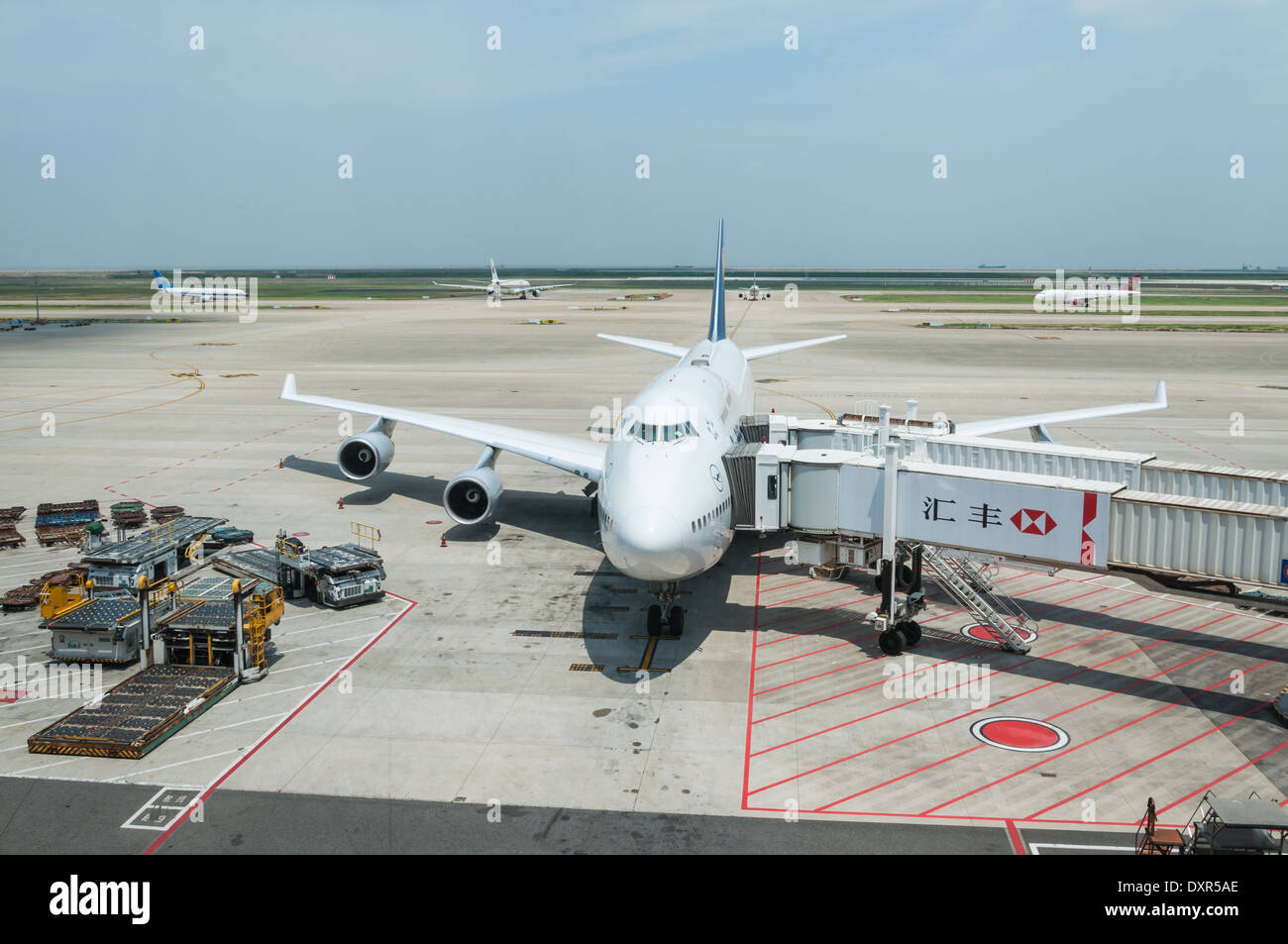 Un Lufthansa German Airlines jumbo jet è parcheggiato al cancello di imbarco. Foto Stock