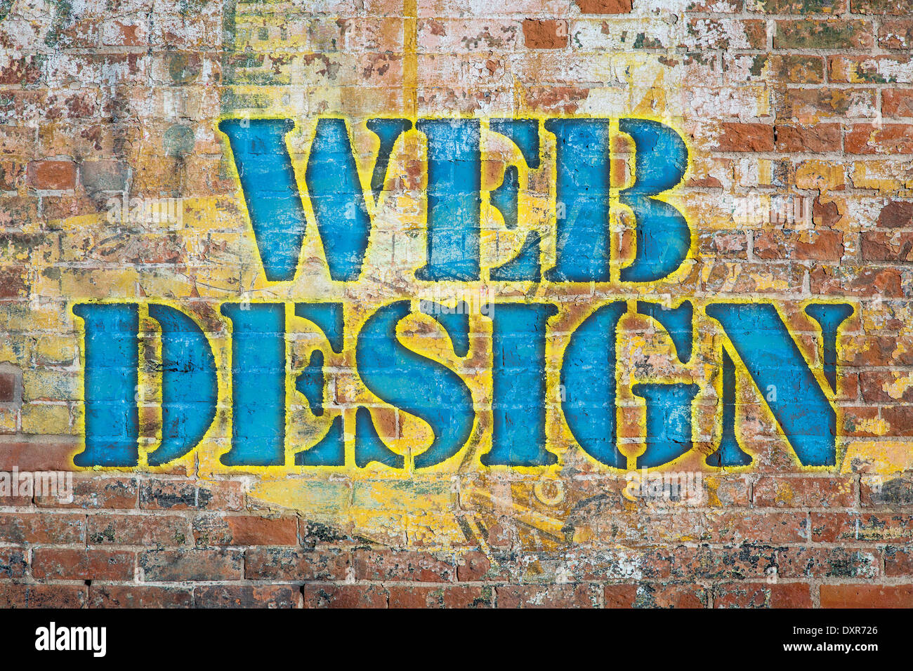 Web design, colorati graffiti di testo su un grunge muro di mattoni, grafica creata dal fotografo Foto Stock