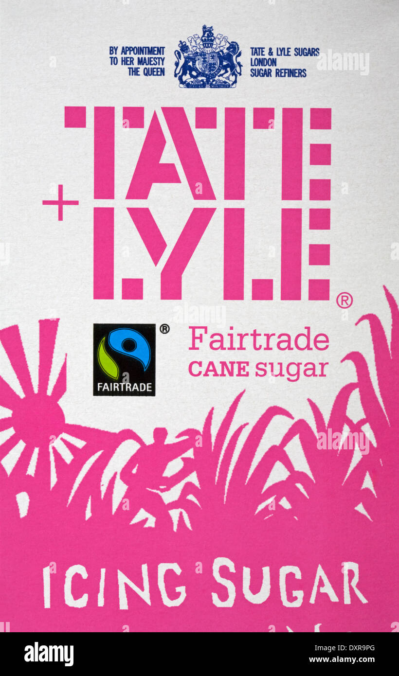 Fairtrade zucchero di canna - informazioni sul pacchetto di Tate and Lyle zucchero di canna Fairtrade - simbolo del logo del commercio equo e solidale Foto Stock