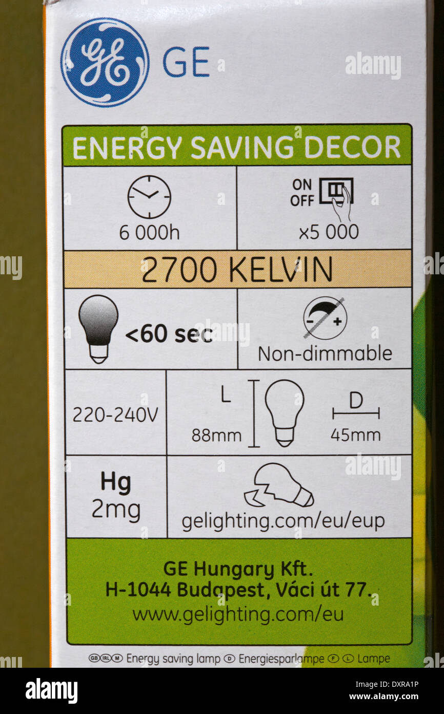 Lampadina a risparmio energetico per decorazioni a risparmio energetico - informazioni sulla confezione della lampadina a risparmio energetico GE Foto Stock