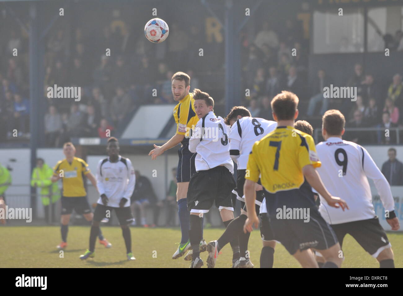 Bennett dirige una testata in avanti per Gosport Borough FC durante il loro 2-0 conquistare Vescovi Storford FC, Gosport Borough FC v Vescovi Storford FC, Pivett Park, SKRILL Divisione meridionale, 29 marzo 2014. (C) Paolo Gordon | Alamy Live News Foto Stock