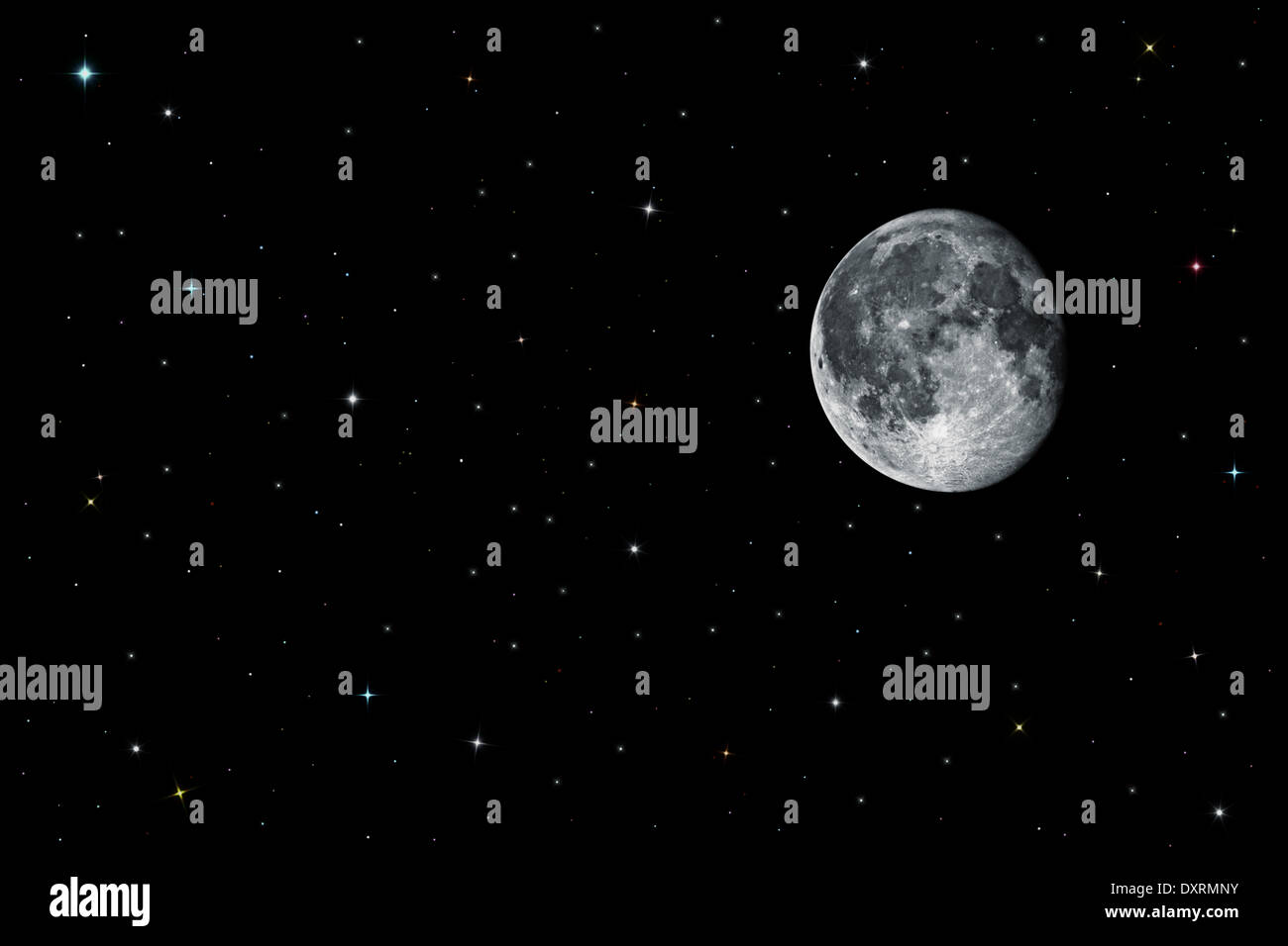 La luna e le stelle in uno spazio nero. Illustrazione Foto Stock