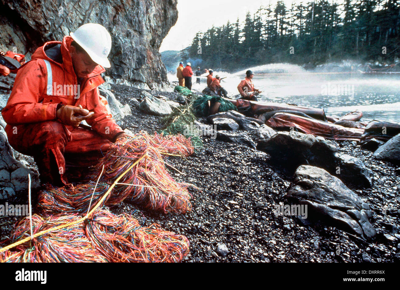 Una costa Guardsman controlli di recupero olio mesh come altri sbuffo di vapore rocce e coste immergere da con petrolio greggio versato dalla Exxon Valdez dopo arenamento sul Bligh Reef in Prince William Sound fuoriuscita di almeno 11 milioni di galloni di petrolio greggio nelle acque incontaminate Marzo 28, 1989 in Prince William Sound, Alaska. Foto Stock