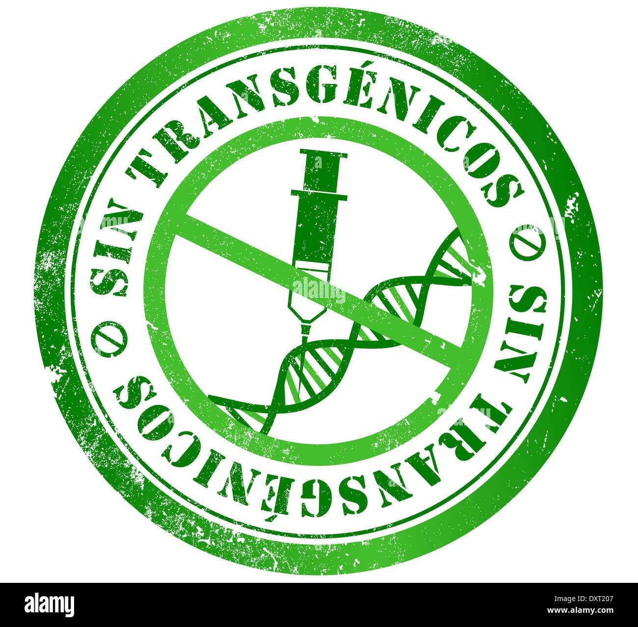 Transgeniche OGM (organismi geneticamente modificati) libera timbro grunge, in lingua spagnola Foto Stock