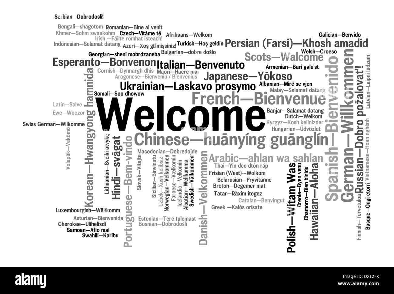 La frase di benvenuto in 78 lingue diverse. Parole il concetto di cloud Foto Stock