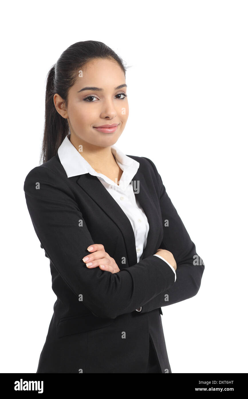 Fiducioso happy business donna posa isolata su uno sfondo bianco Foto Stock