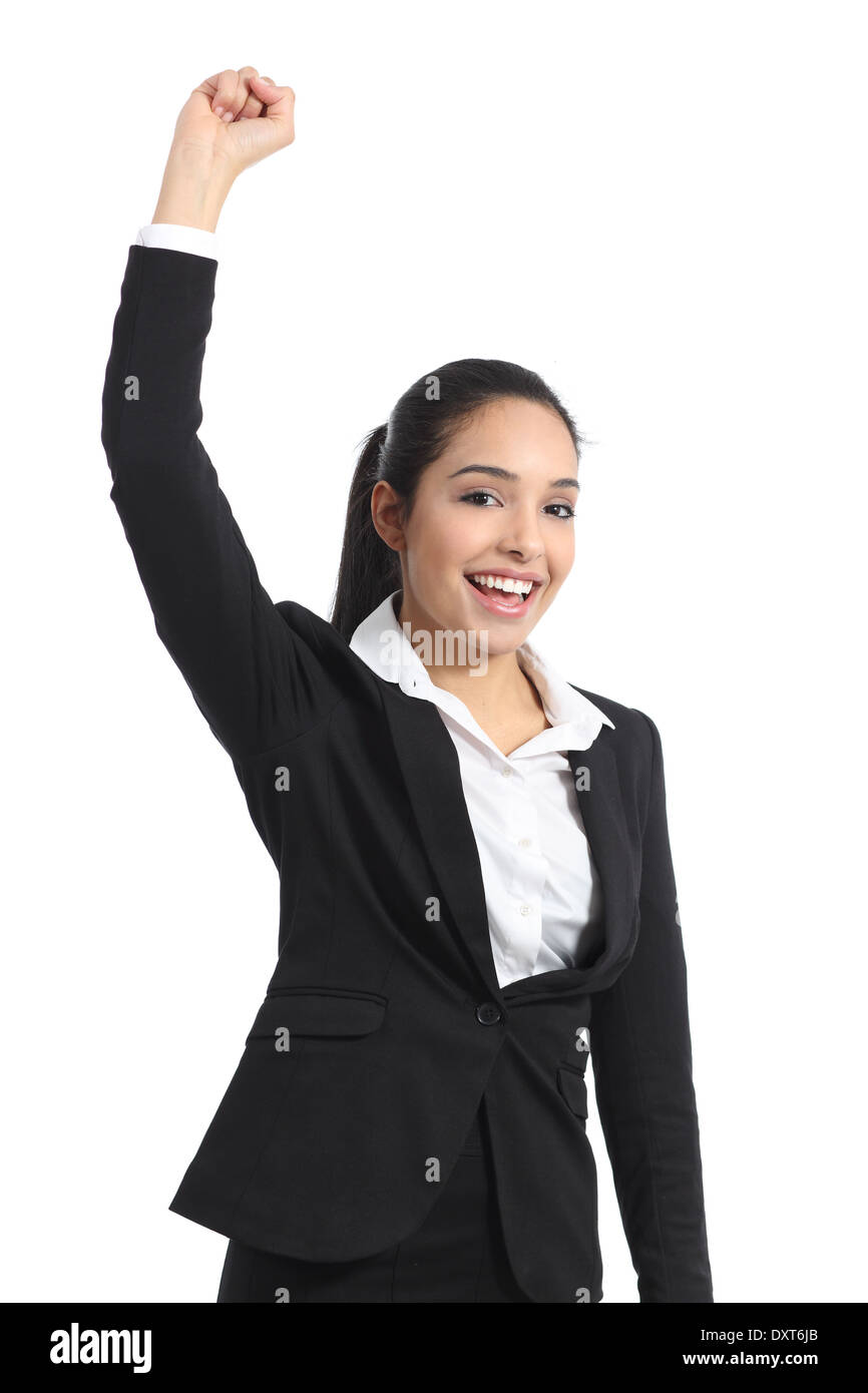 Arab Business donna euforico braccio di sollevamento isolata su uno sfondo bianco Foto Stock