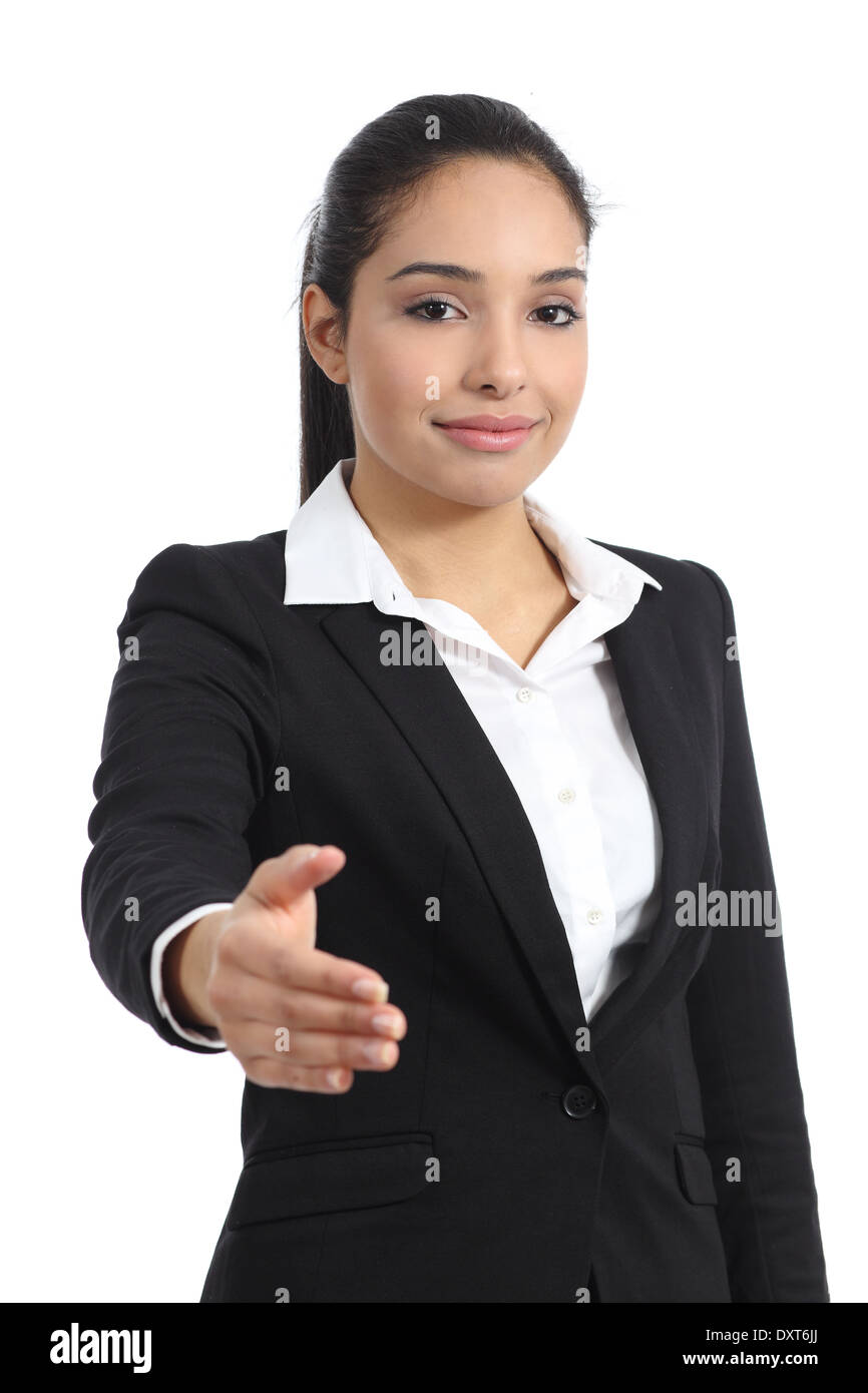Arab Business donna pronta per la stretta di mano isolata su uno sfondo bianco Foto Stock