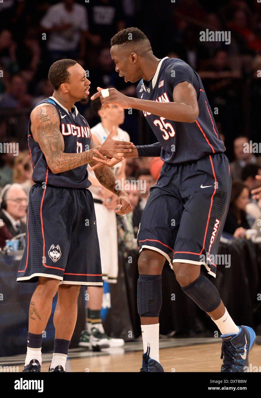 New York City, NY, STATI UNITI D'AMERICA. 30 Mar, 2014. Domenica 30 Marzo, 2014: Connecticut Huskies guard Ryan Boatright (11) celebra un gioco con Connecticut Huskies centro Brimah Amida (35) durante la seconda metà del torneo del NCAA Eastern Regional finale di partita di basket tra stati del Michigan e UConn al Madison Square Garden di New York, NY. UConn battere Michigan State 60-54 e anticipi per i quattro definitivi. Bill Shettle/Cal Sport Media. Credito: csm/Alamy Live News Foto Stock